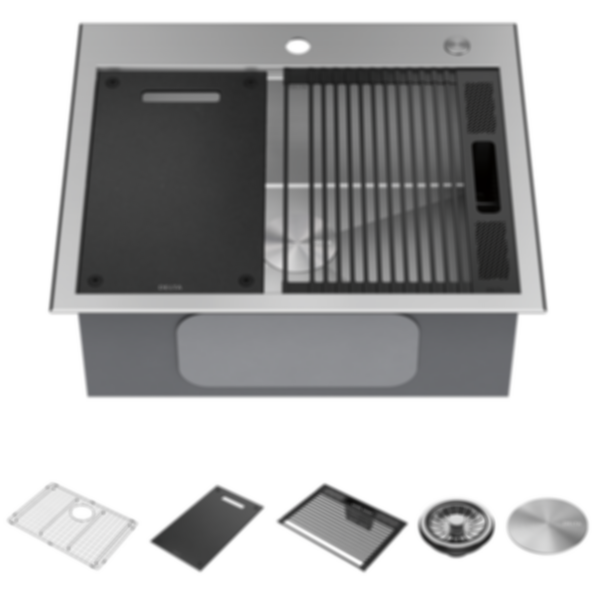 Rivet 25" Workstation Kitchen Sink Drop-In Top Mount 16 Gauge Stainless Steel Single Bowl With WorkFlow Ledge And Accessories - 95A931-25S-SS