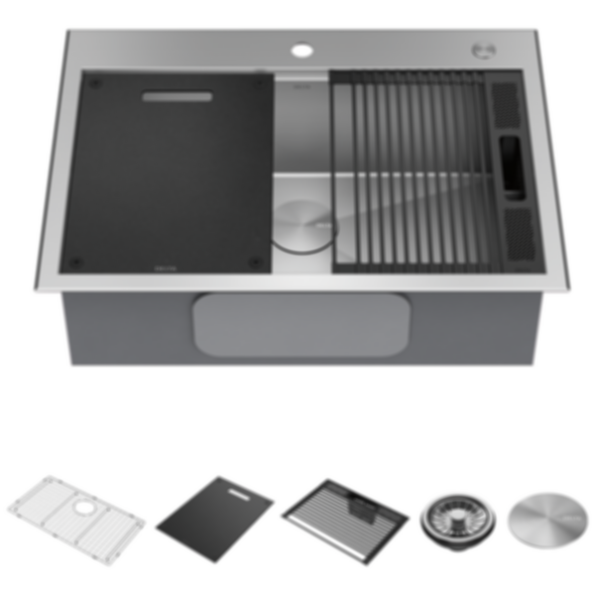 Rivet 30" Workstation Kitchen Sink Drop-In Top Mount 16 Gauge Stainless Steel Single Bowl With WorkFlow Ledge And Accessories - 95A931-30S-SS