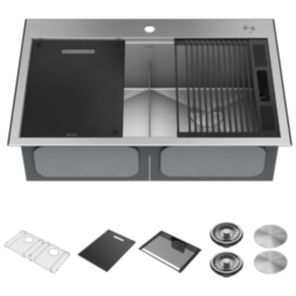 RIVET 33" Workstation Kitchen Sink Drop-In Top Mount 16 Gauge Stainless Steel 50/50 Double Bowl With WorkFlow Ledge And Accessories - 95A931-33D-SS