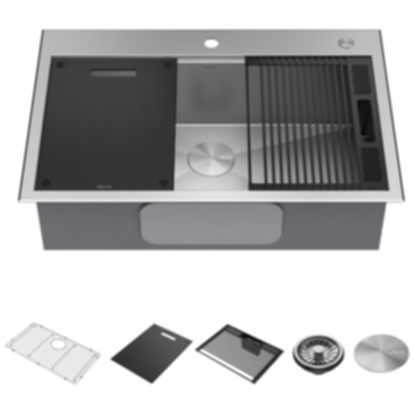 Rivet 33" Workstation Kitchen Sink Drop-In Top Mount 16 Gauge Stainless Steel 50/50 Double Bowl With WorkFlow Ledge And Accessories - 95A931-33S-SS