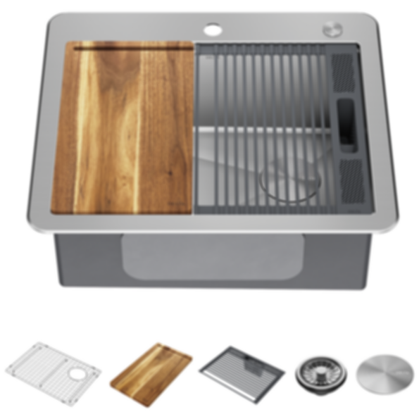 Lorelai 25" Workstation Kitchen Sink Drop-In Top Mount Stainless Steel Single Bowl With WorkFlow Ledge And Accessories - 95A932-25S-SS