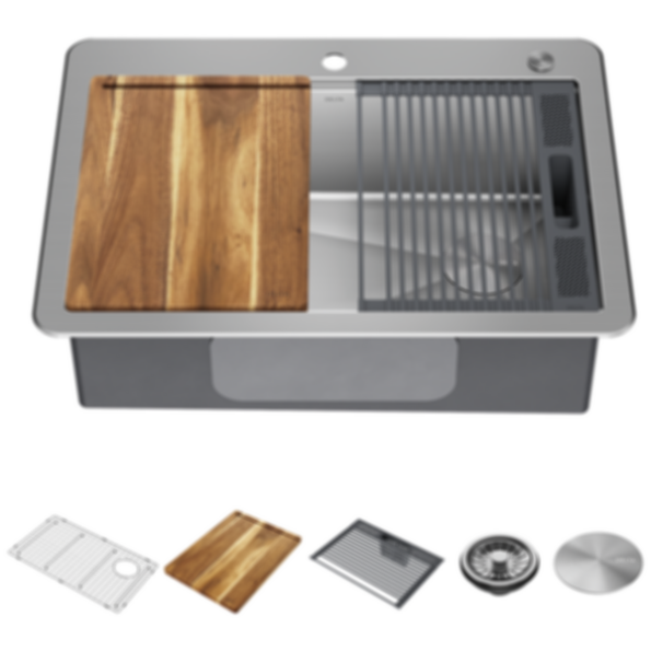 Lorelai 30" Workstation Kitchen Sink Drop-In Top Mount Stainless Steel Single Bowl With WorkFlow Ledge And Accessories - 95A932-30S-SS