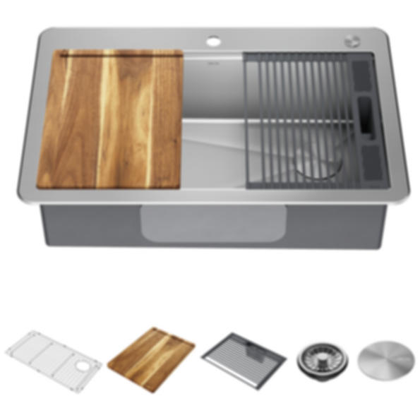 Lorelai 33" Workstation Kitchen Sink Drop-In Top Mount Stainless Steel Single Bowl With WorkFlow Ledge And Accessories - 95A932-33S-SS