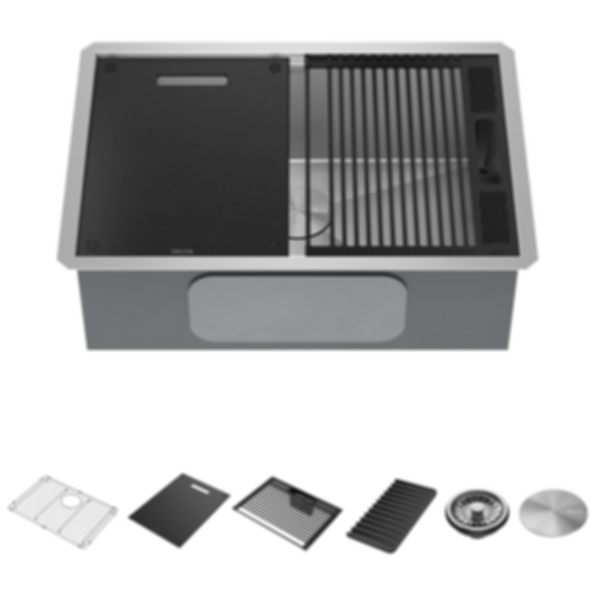 Rivet 27" Workstation Kitchen Sink Undermount 16 Gauge Stainless Steel Single Bowl With WorkFlow Ledge And Accessories - 95B931-27S-SS