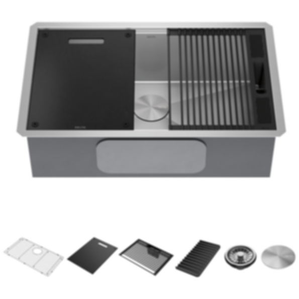 Rivet 30" Workstation Kitchen Sink Undermount 16 Gauge Stainless Steel Single Bowl With WorkFlow Ledge And Accessories - 95B931-30S-SS