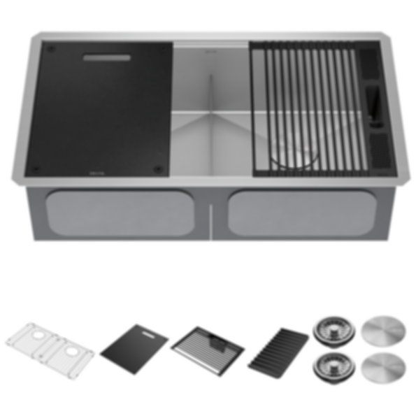 Rivet 33" Workstation Kitchen Sink Undermount 16 Gauge Stainless Steel 50/50 Double Bowl With WorkFlow Ledge And Accessories - 95B931-33D-SS