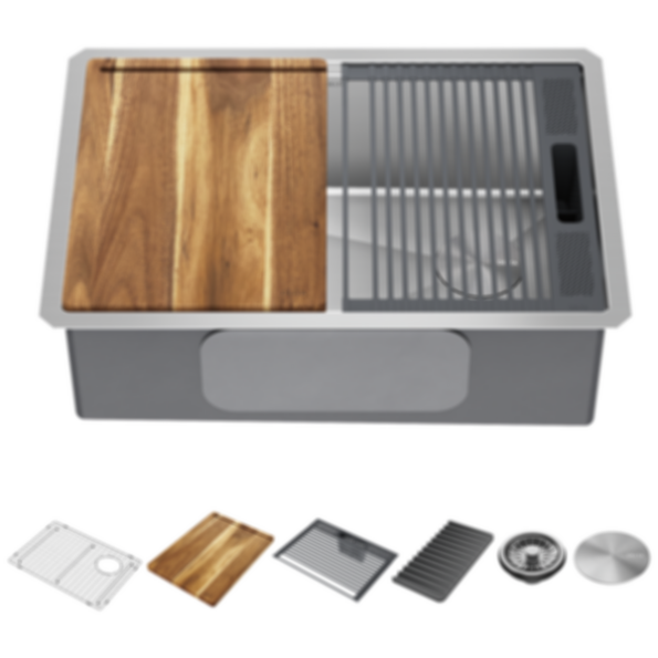 Lorelai 27" Workstation Kitchen Sink Undermount Stainless Steel Single Bowl With WorkFlow Ledge And Accessories - 95B932-27S-SS