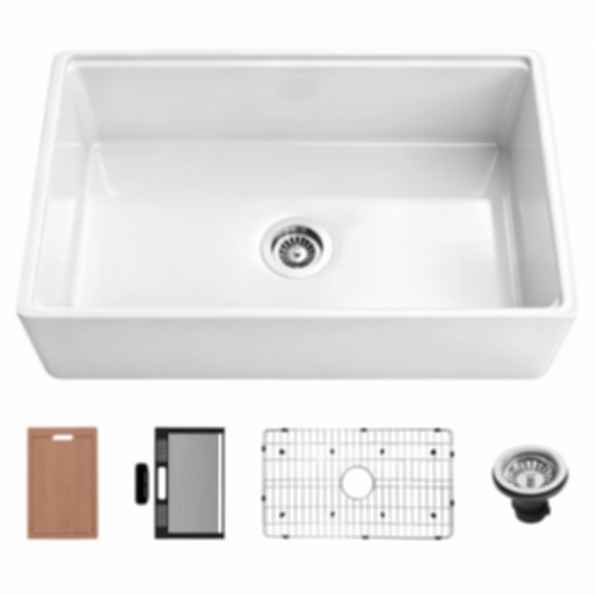 NOZLOO 33" Smooth Apron Fireclay Farmhouse Sink with Workstation Kit