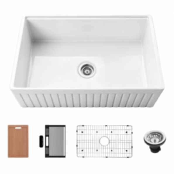 NOZLOO 33" Reversible Fluted Apron Fireclay Farmhouse Sink with Workstation Kit