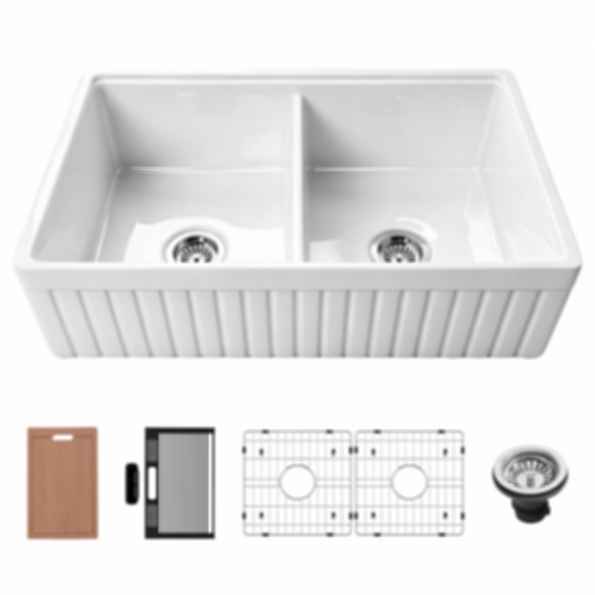 NOZLOO 33" Fireclay Double Bowl Farmhouse Sink with Workstation Kit