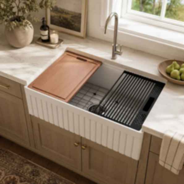 NOZLOO 30" Reversible Apron Fireclay Farmhouse Sink with Workstation Kit