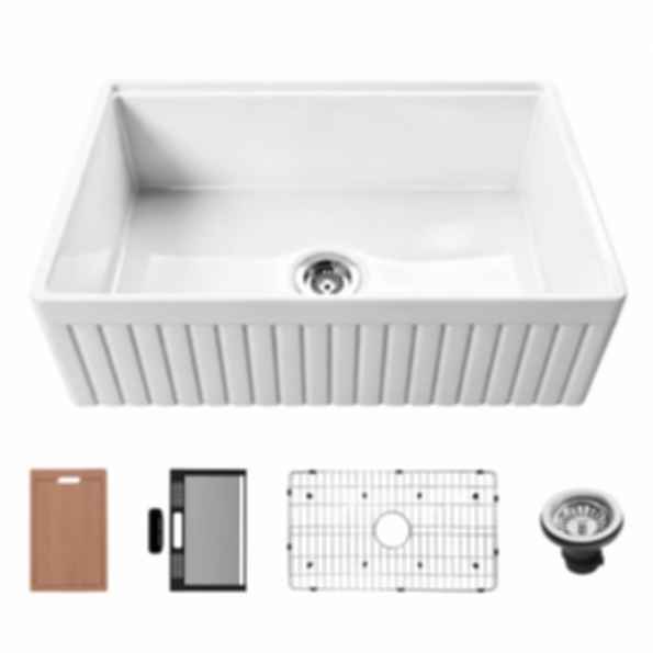 NOZLOO 30" Reversible Apron Fireclay Farmhouse Sink with Workstation Kit