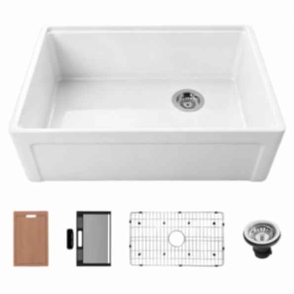 NOZLOO 30" Grooved Apron Fireclay Farmhouse Sink with Workstation Kit